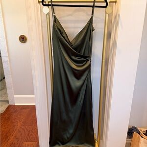Lulu's Dark Green Satin Midi Dress